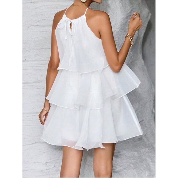 Women's Summer Casual Halter Mini Dress Sleeveless Ruffle Layered Swing - Picture 2 of 6